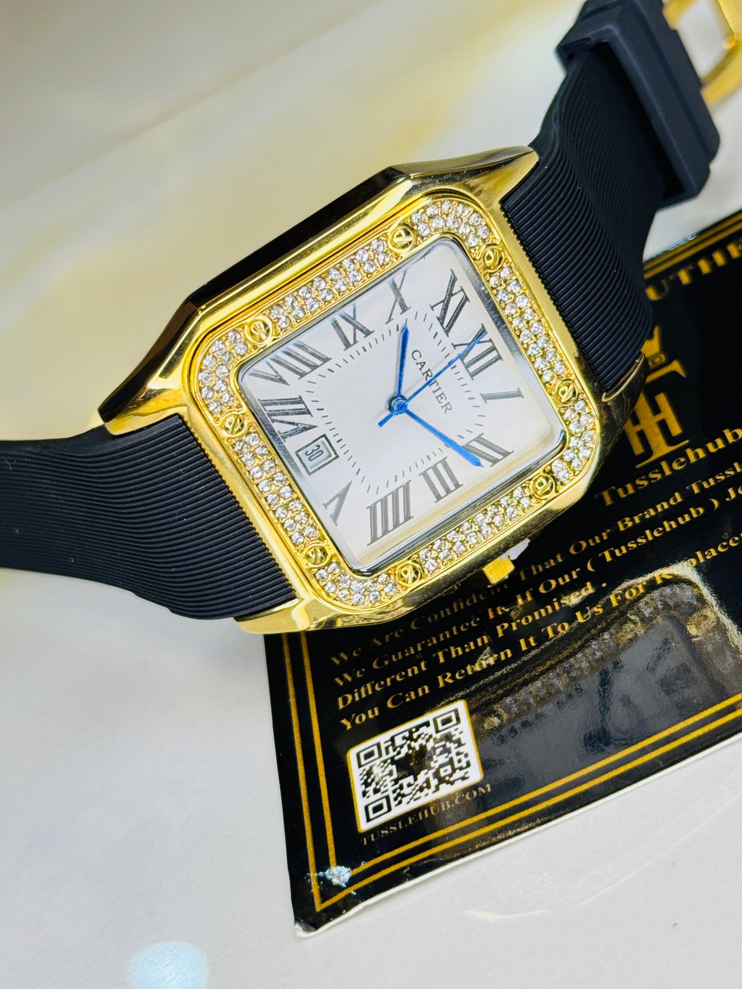 Gold White Iced Tank Silicon Cartier Watch