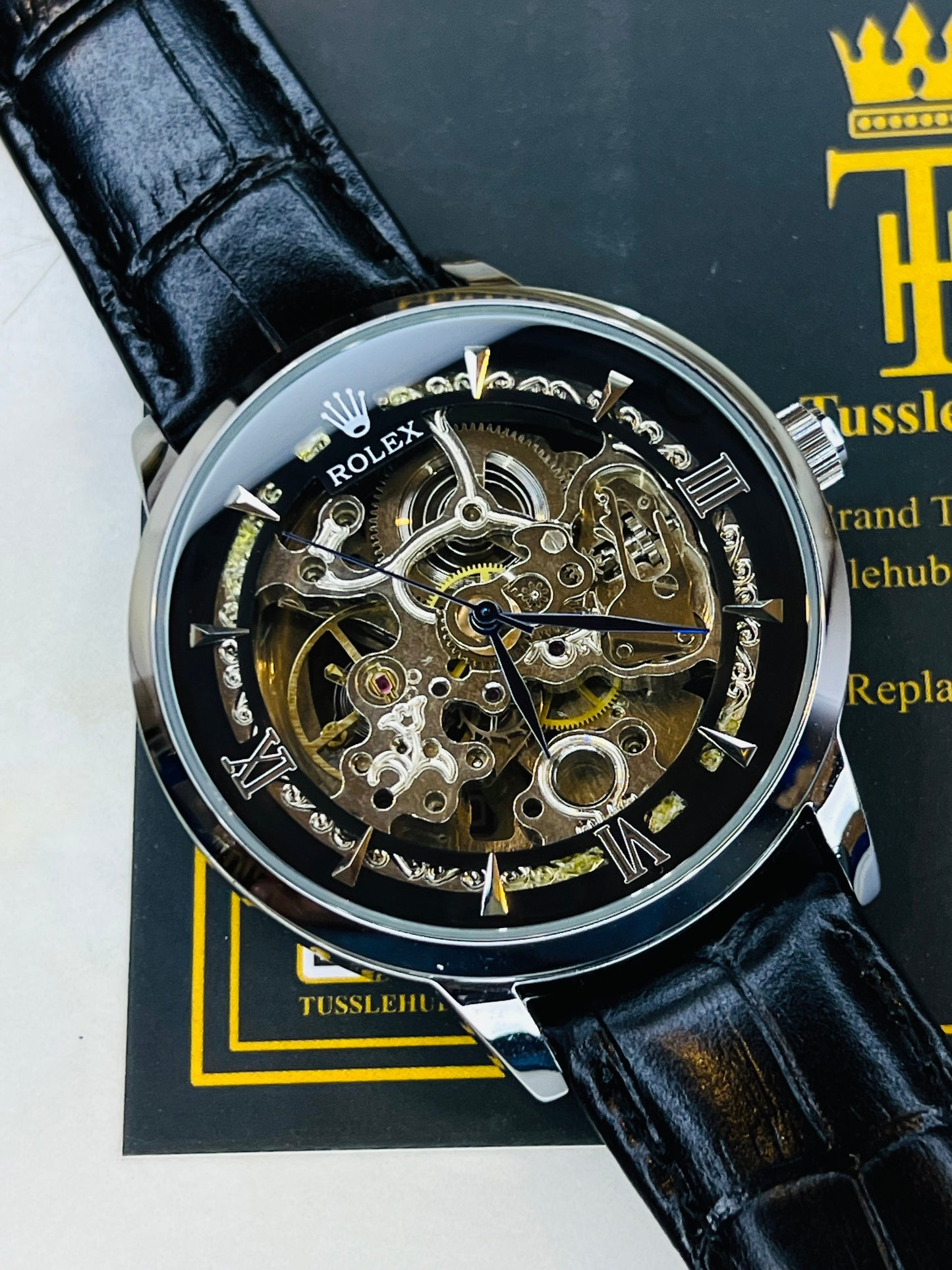 Leather Rol*x Black Silver Automatic Skeleton Watch