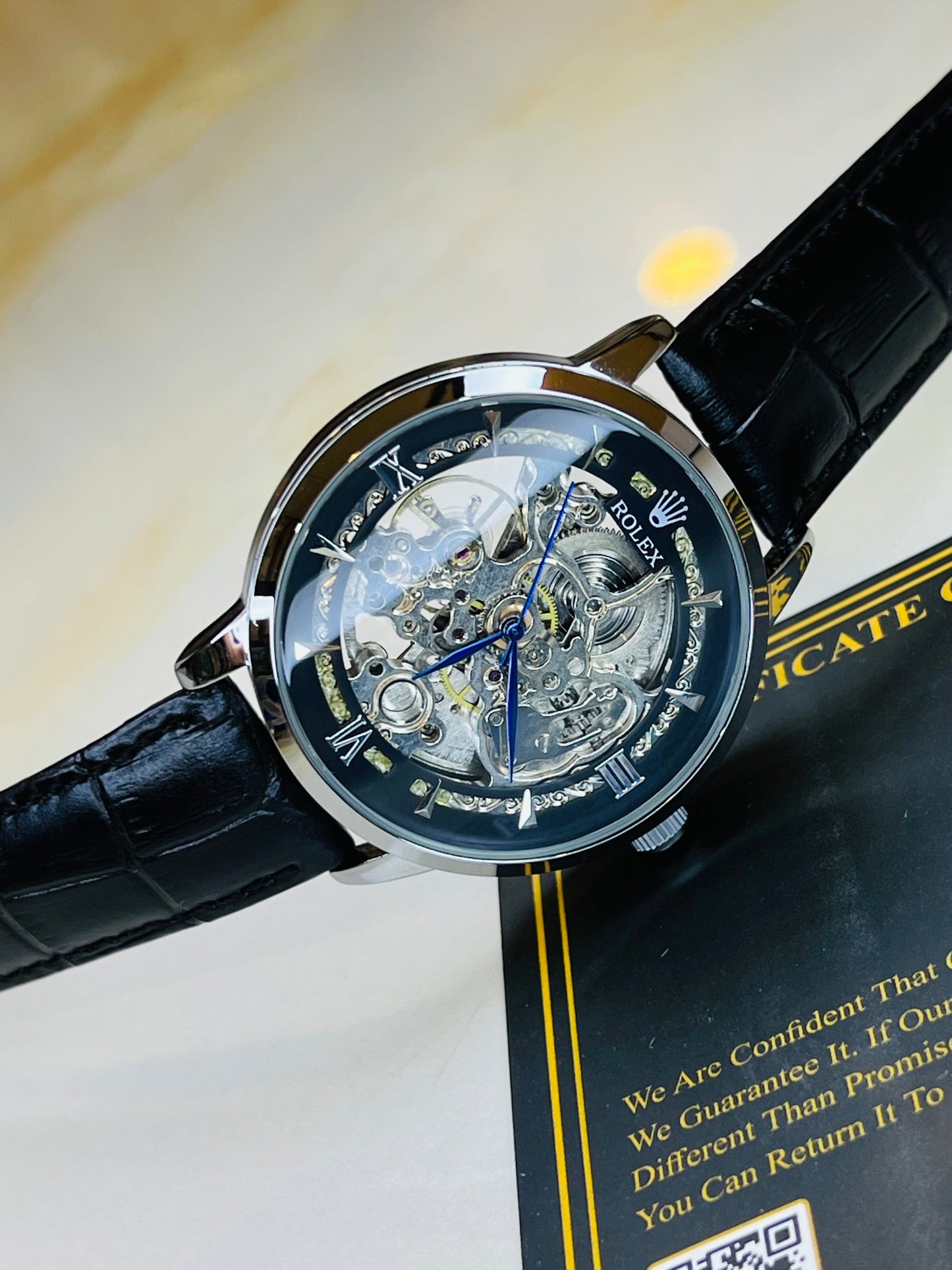 Leather Rol*x Black Silver Automatic Skeleton Watch