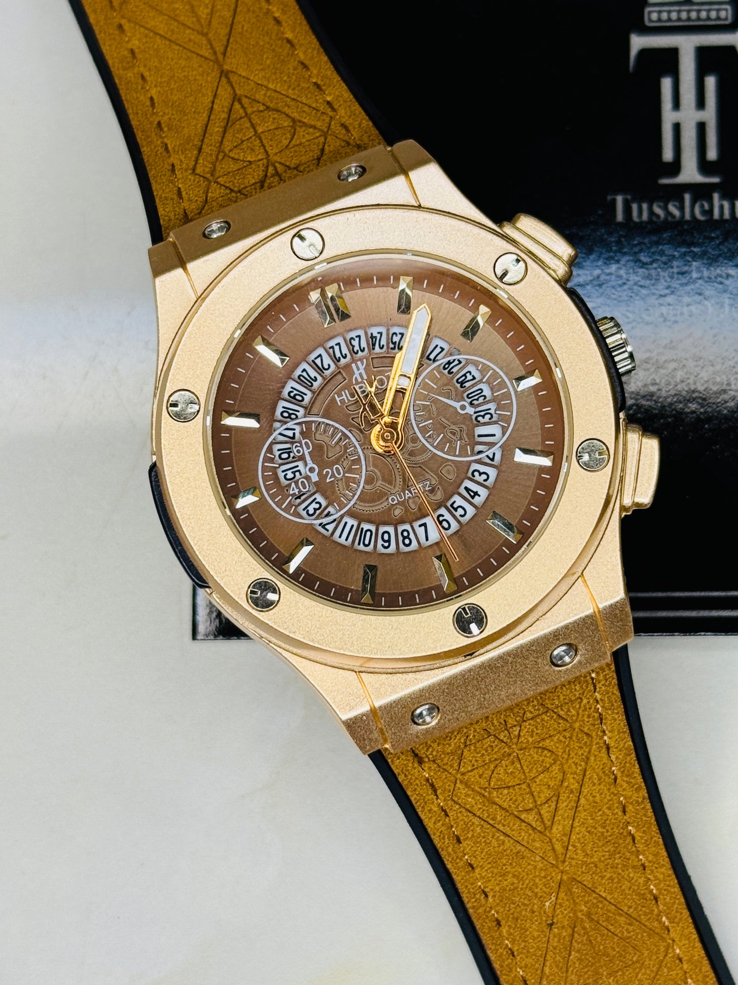 Camel Brown Hologram Hublot Leather Strap Watch