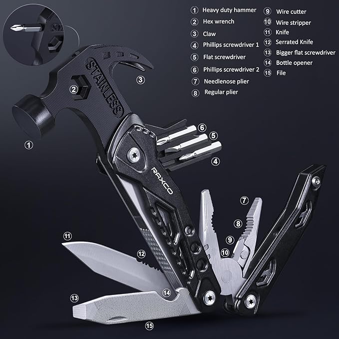 15 in 1 Multifunction Claw Hammer and Plier, Screw drivers, knives, Perfect of Everyday use.