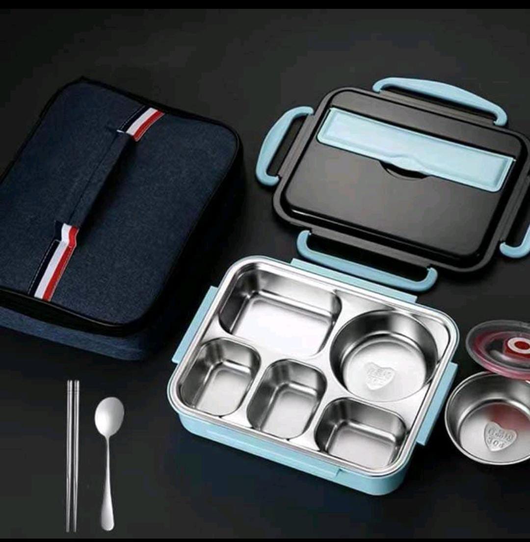 Leak-Resistant Stainless Steel lunch box with 5 compartments  With spoon and sticks