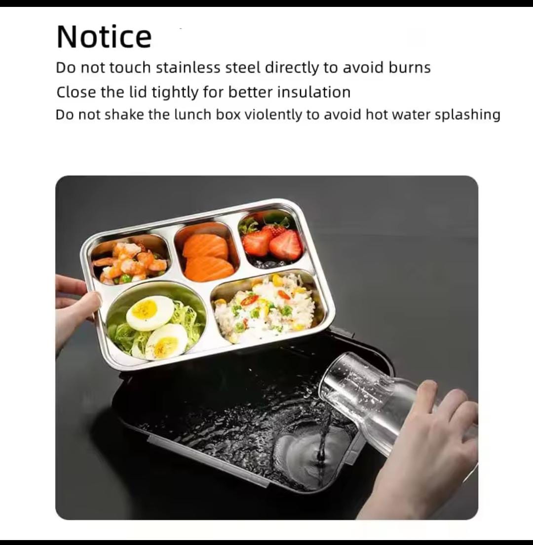 Leak-Resistant Stainless Steel lunch box with 5 compartments  With spoon and sticks