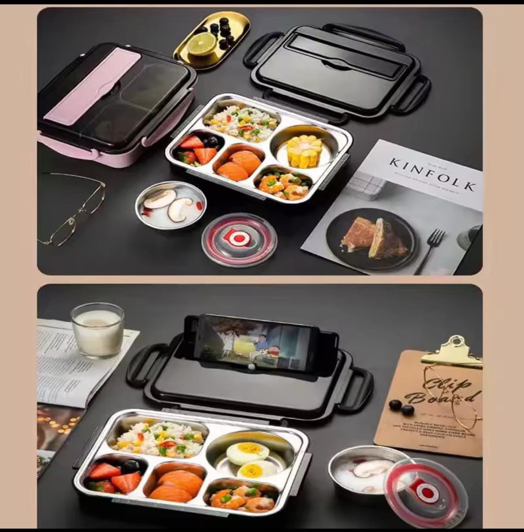 Leak-Resistant Stainless Steel lunch box with 5 compartments  With spoon and sticks