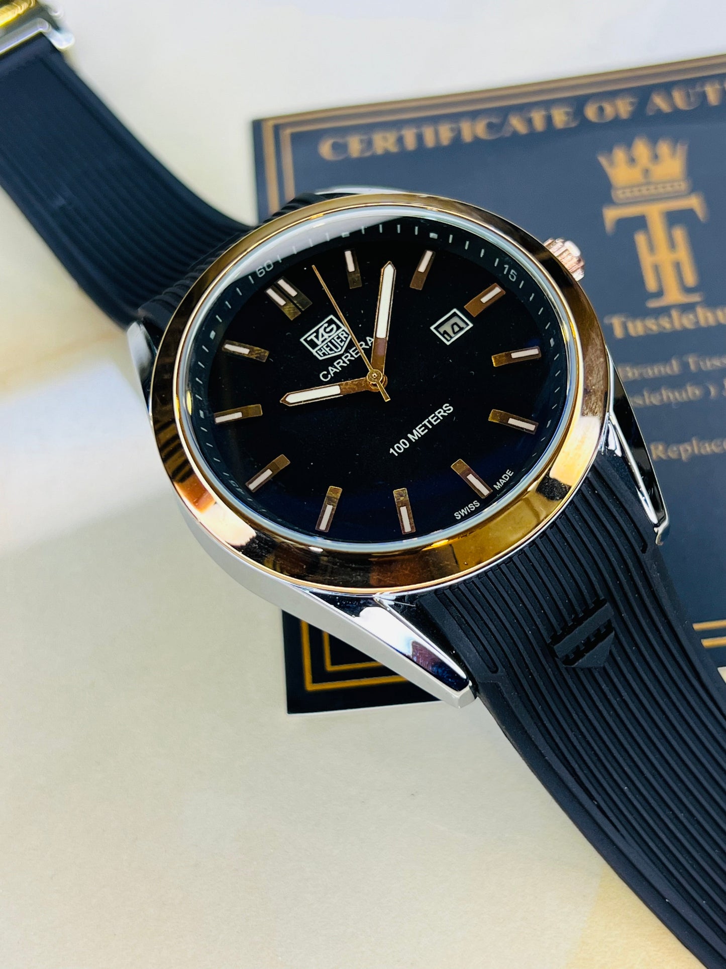 Black Two Tone Carrera Day Date Elite Dial Silicon Strap Watch