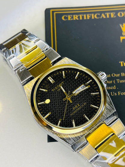 Tissot PRX Silver Gold With Black Textured Dial Watch