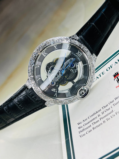 Black Silver Engraved Skeleton Dial Watch