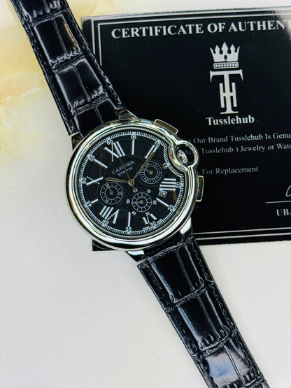 C-1 All Black Leather Cart*er Chronograph Dial Watch