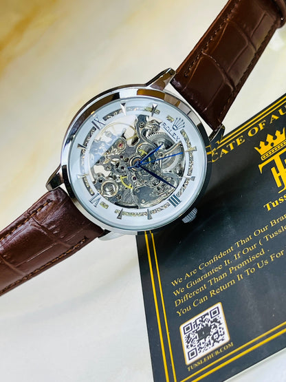 Leather Rol*x Brown White Automatic Skeleton Watch