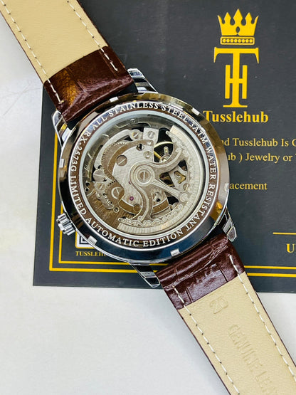 Leather Rol*x Brown White Automatic Skeleton Watch