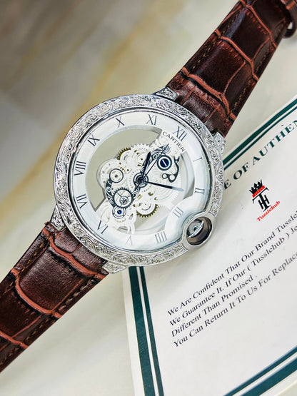 Brown Silver Engraved Skeleton Dial Watch