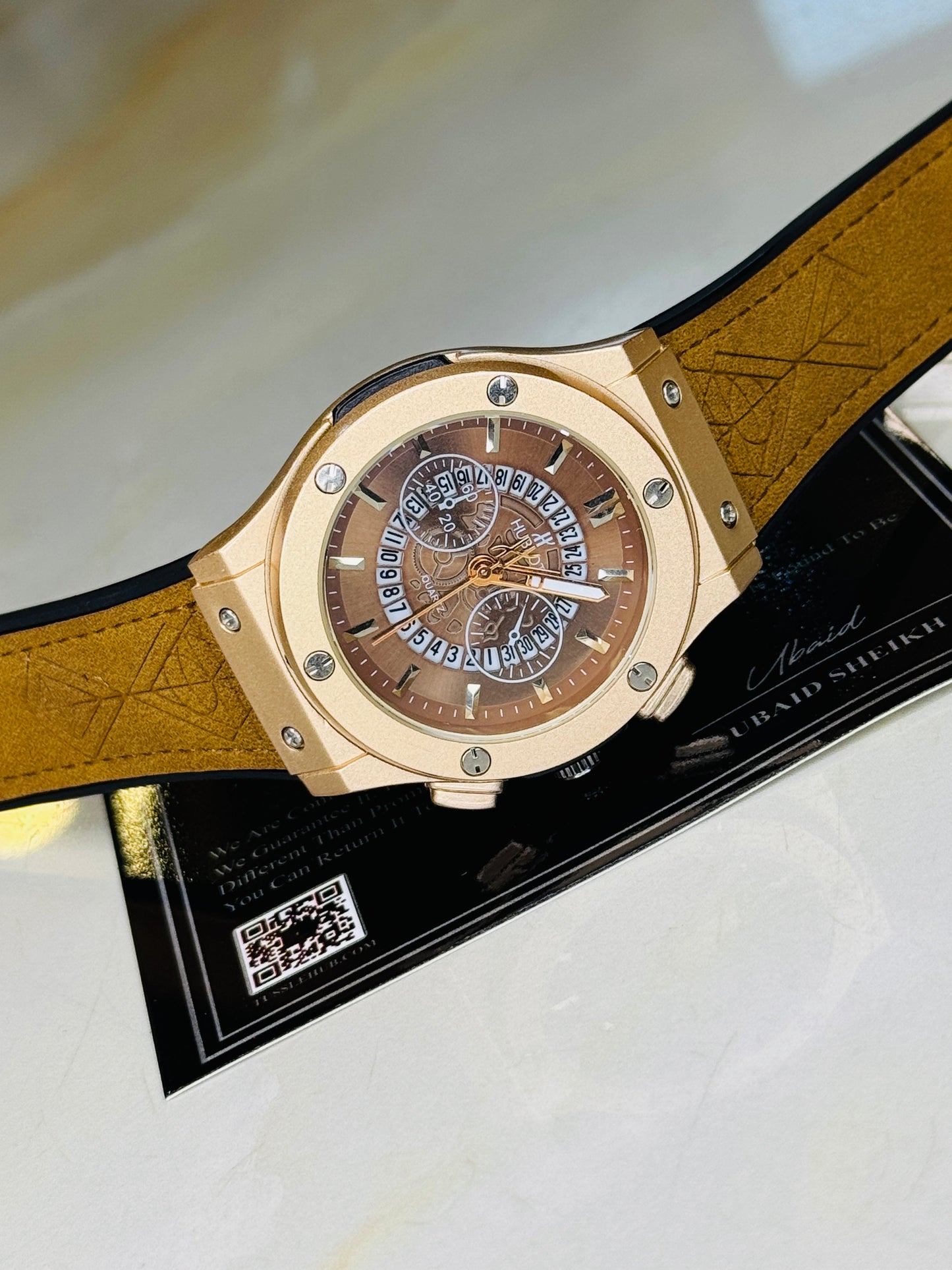Camel Brown Hologram Hublot Leather Strap Watch