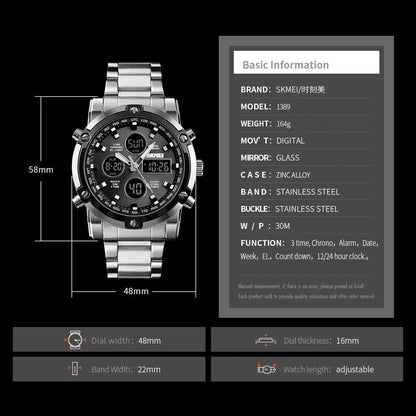 Skmei – 1389 – Dual Display Waterproof Watch – Silver/Black