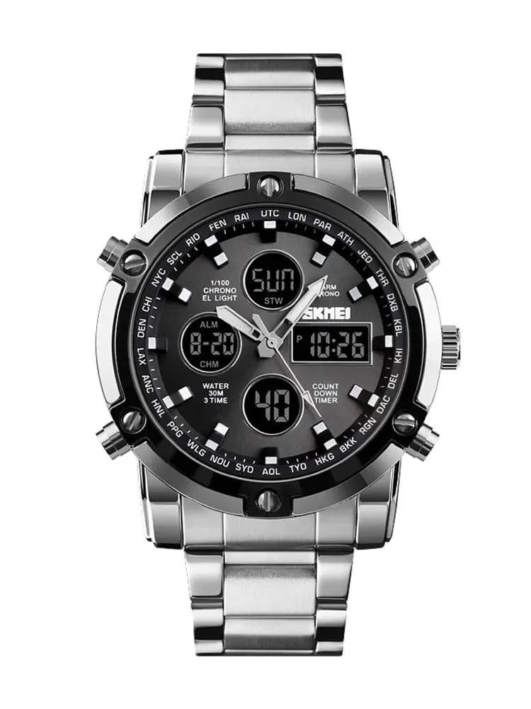 Skmei – 1389 – Dual Display Waterproof Watch – Silver/Black