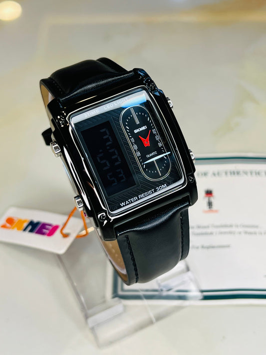 Leather Strapped Skmei 3 Time Black Watch