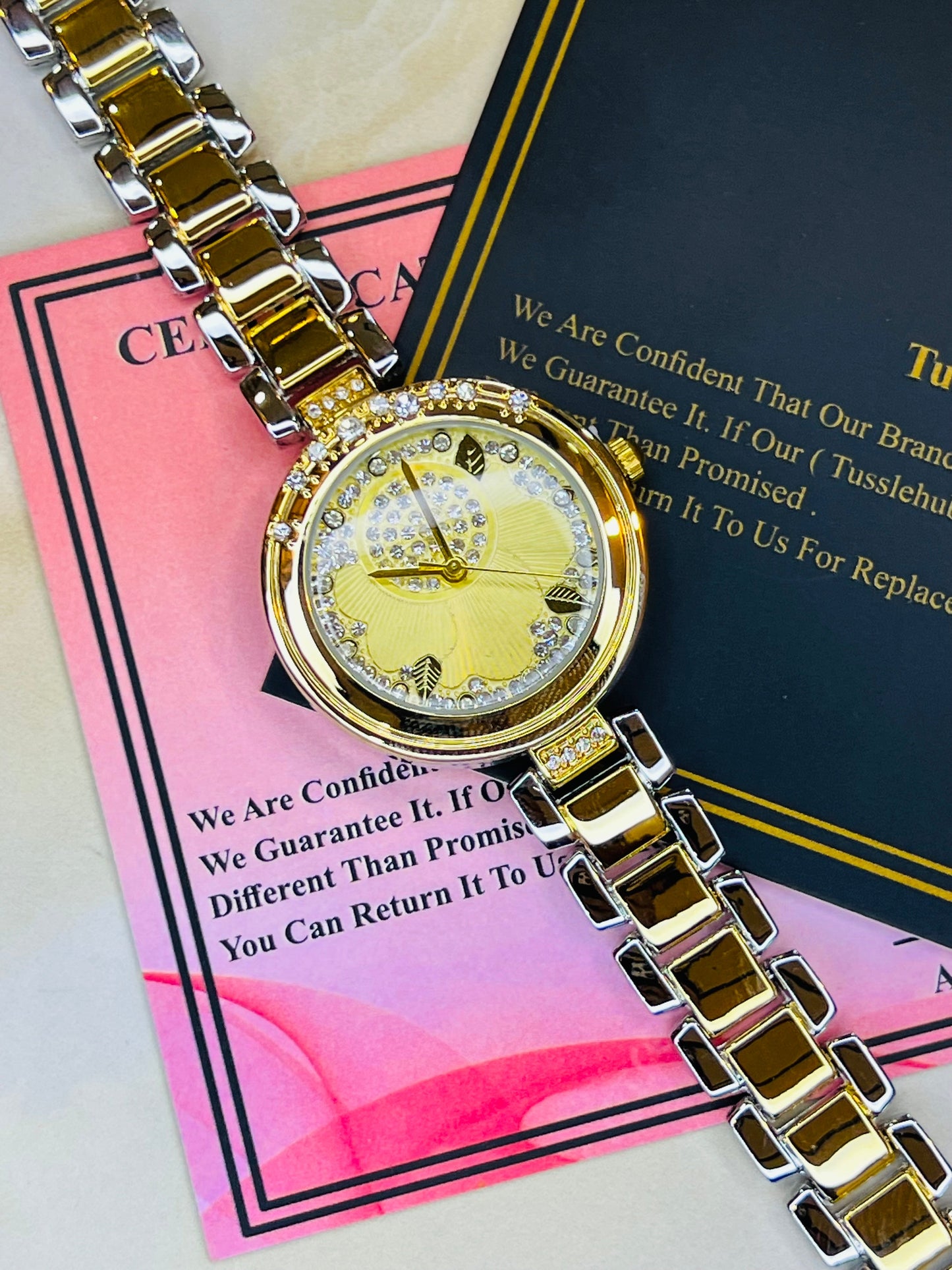 Two Tone Gold Leaf Zircon Watch for her