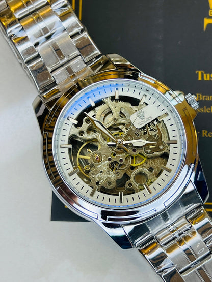 R-2 Silver White Chain Strap Skeleton Automatic Watch