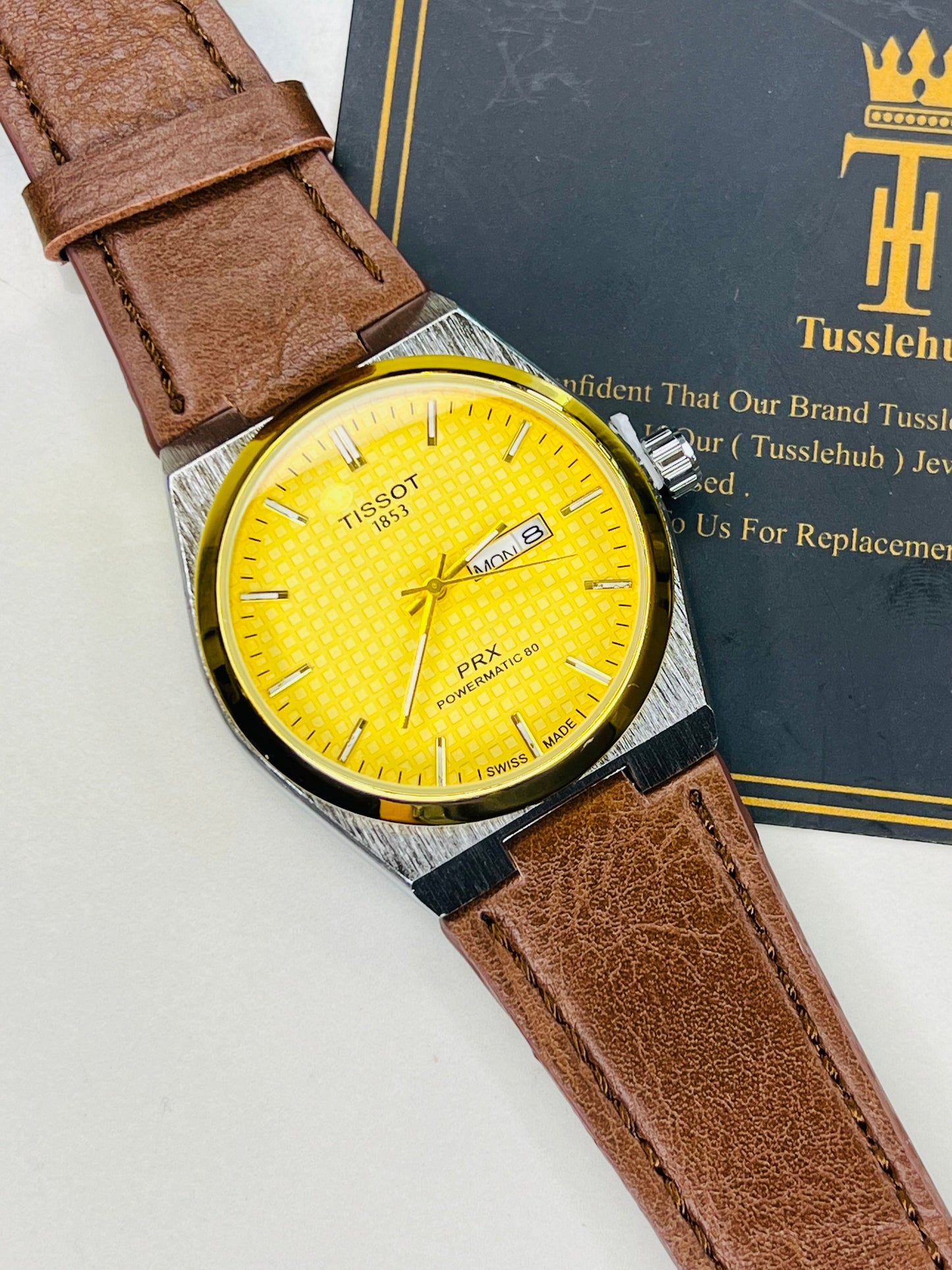 Brown Leather Strapped Tissot PRX Silver Gold Dial Watch