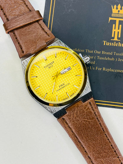 Brown Leather Strapped Tissot PRX Silver Gold Dial Watch