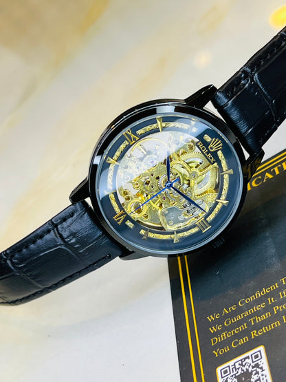 Leather Rol*x All Black Automatic Skeleton Watch