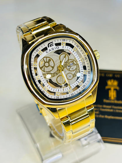 Gold White Square Skeleton Edifice Watch