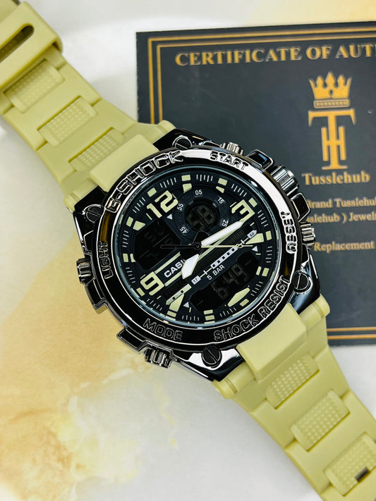 Beige Strap Digital Metal Body Sports Watch
