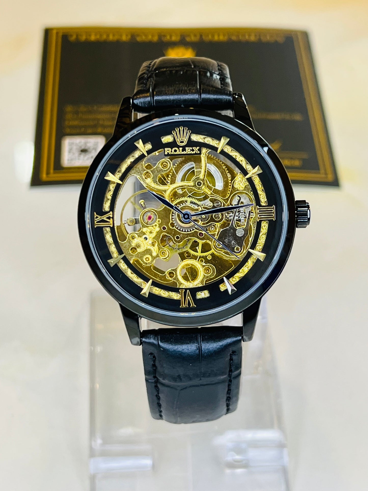 Leather Rol*x All Black Automatic Skeleton Watch