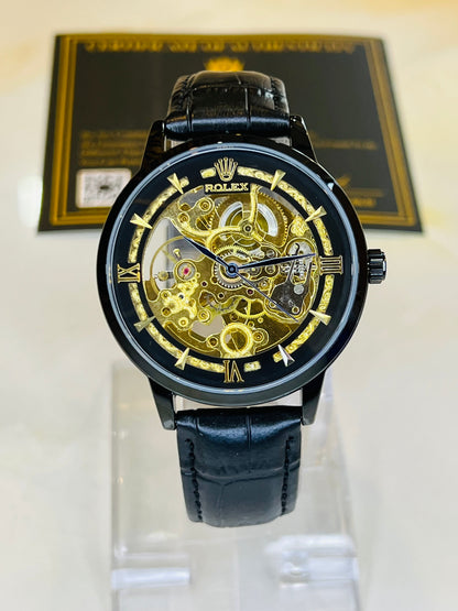 Leather Rol*x All Black Automatic Skeleton Watch
