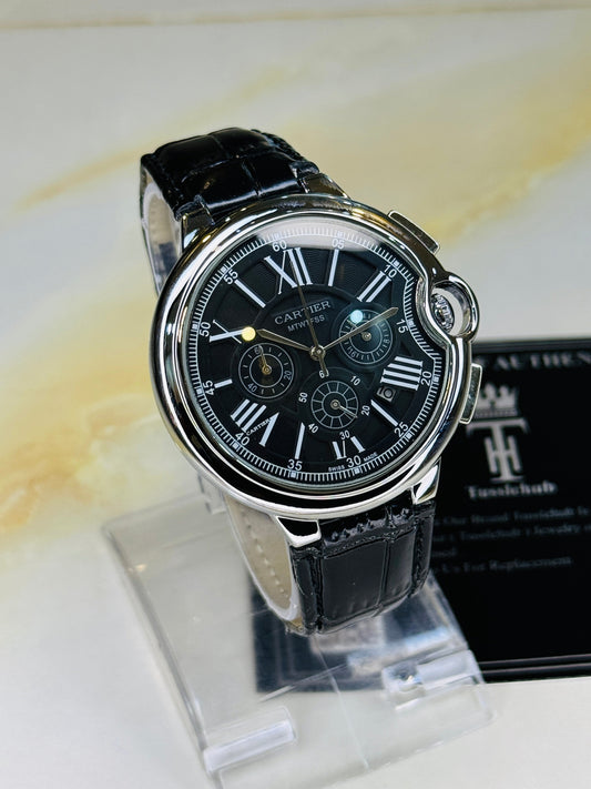 C-1 All Black Leather Cart*er Chronograph Dial Watch
