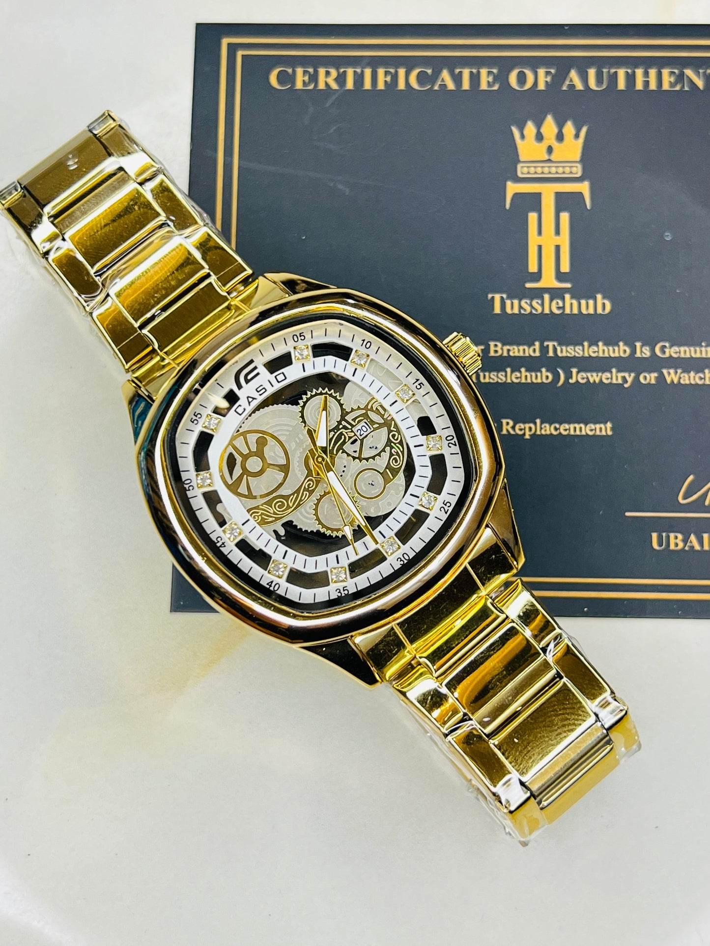 Gold White Square Skeleton Edifice Watch