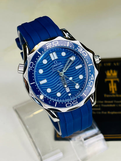 Omega Silicon Strap Black Blue Silver Watch