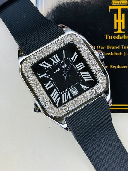 Silver Black Iced Tank Silicon Cartier Watch