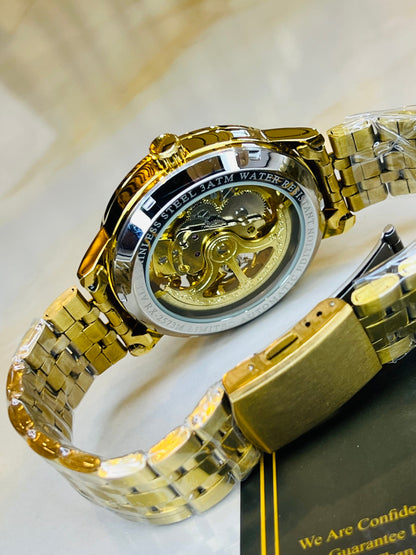 R-1 Gold Black Chain Strap Skeleton Automatic Watch