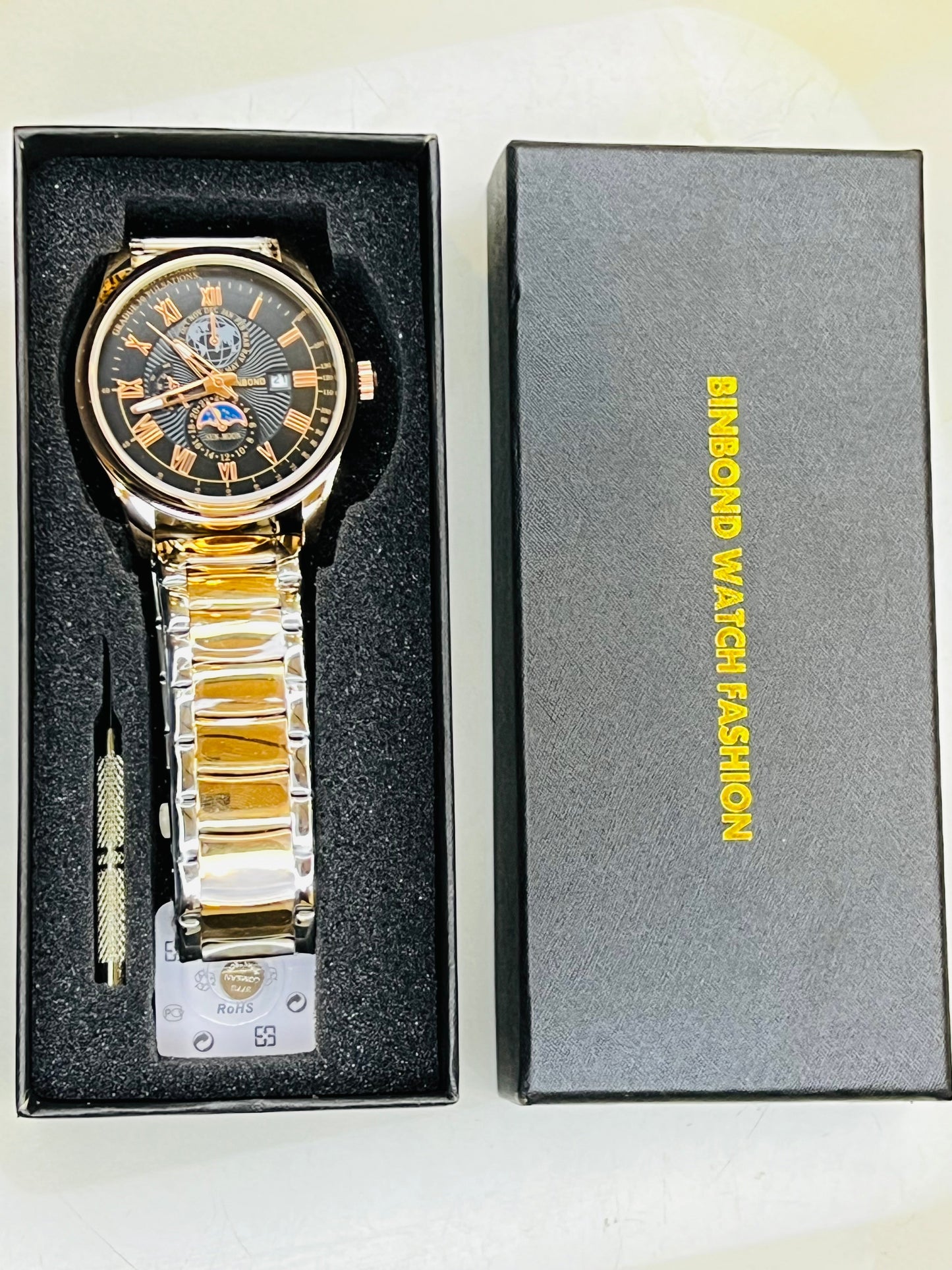 Two Tone Black Dial Binbond Watch