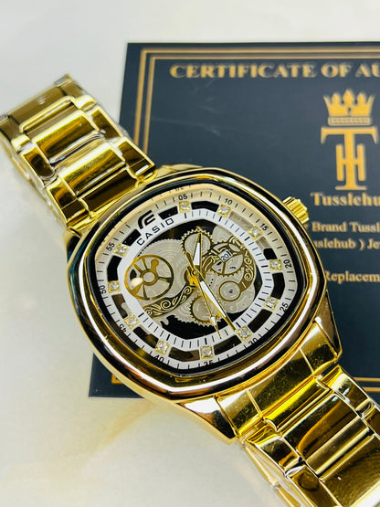 Gold White Square Skeleton Edifice Watch