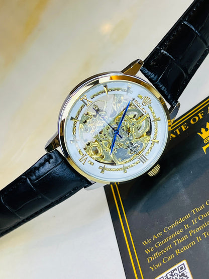 Leather Rol*x Black White Automatic Skeleton Watch