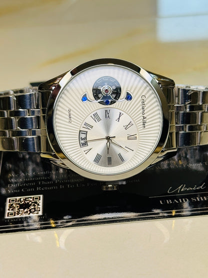 Silver Cristiano Aillen White Spiral Gear Dial Watch