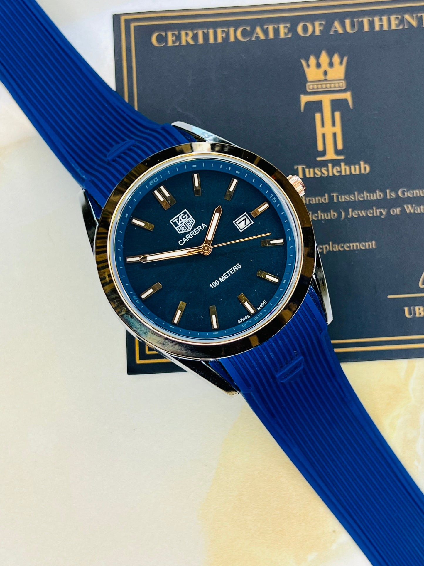 Blue Two Tone Carrera Day Date Elite Dial Silicon Strap Watch