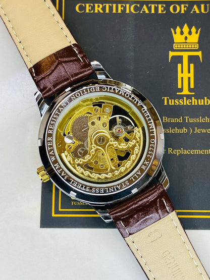 Leather Rol*x Brown Gold Automatic Skeleton Watch