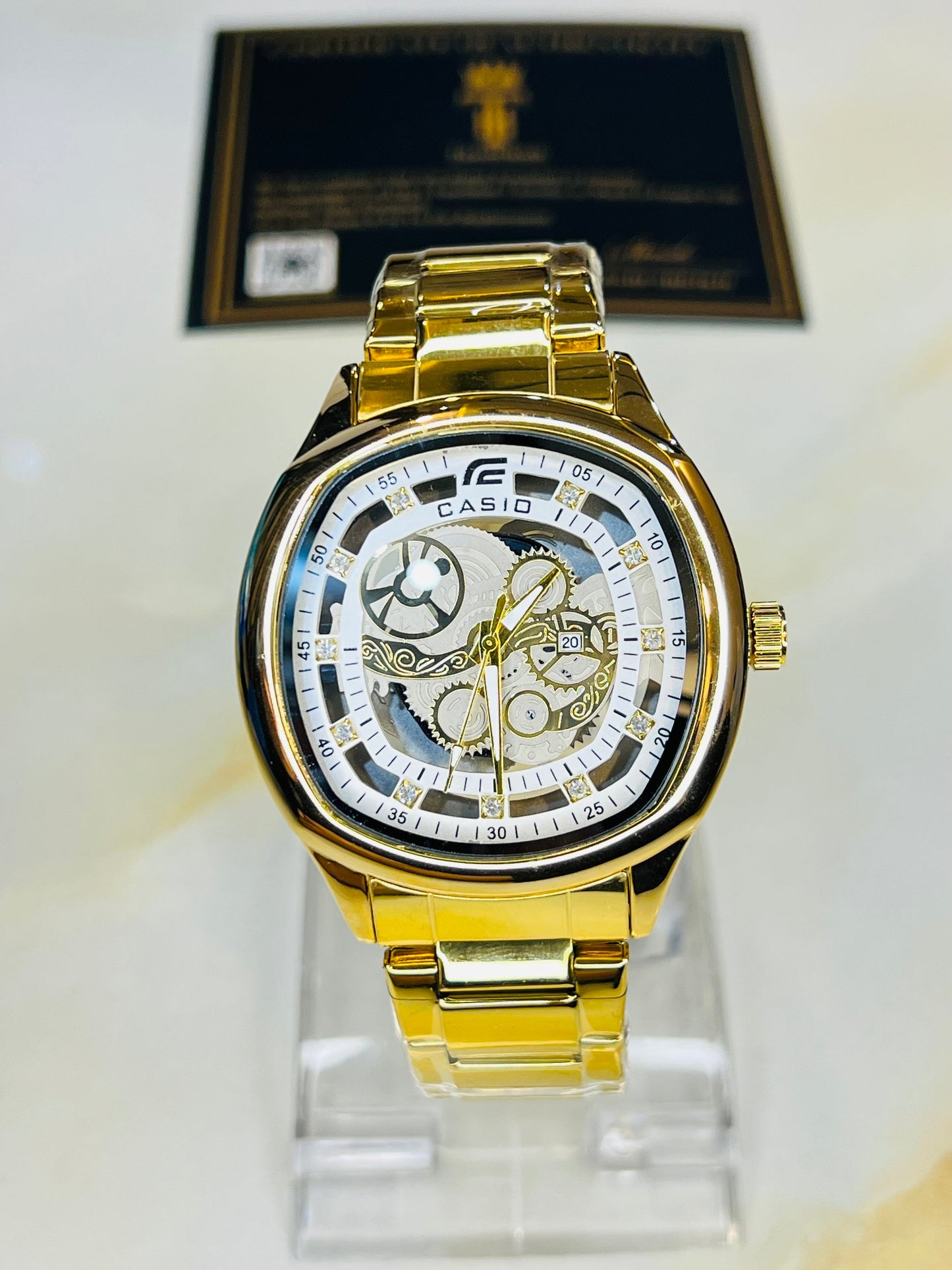 Gold White Square Skeleton Edifice Watch