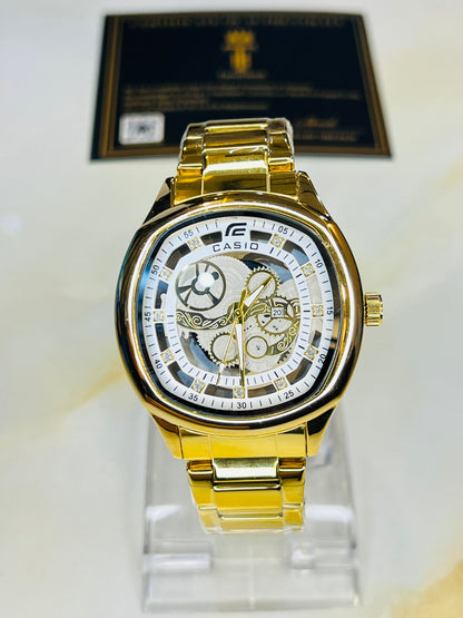 Gold White Square Skeleton Edifice Watch