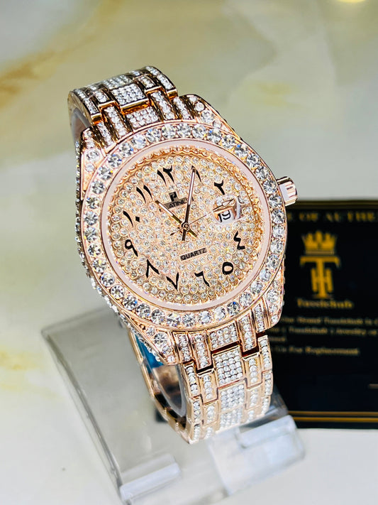Rose Gold Iced Out Arabic Numeral Date-just Watch