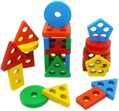Geometrical Shape Sorting Block Puzzles Five Set Of Columns Wooden