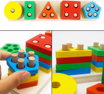 Geometrical Shape Sorting Block Puzzles Five Set Of Columns Wooden