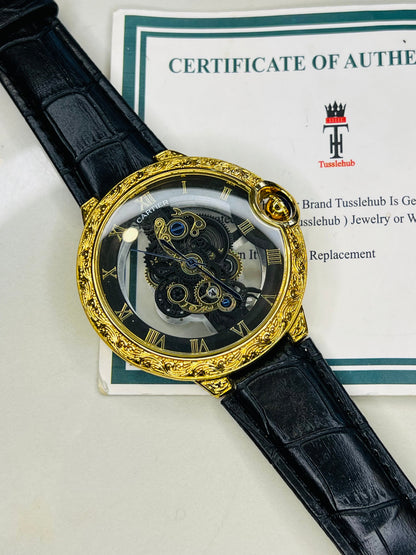 Black Gold Engraved Skeleton Dial Watch