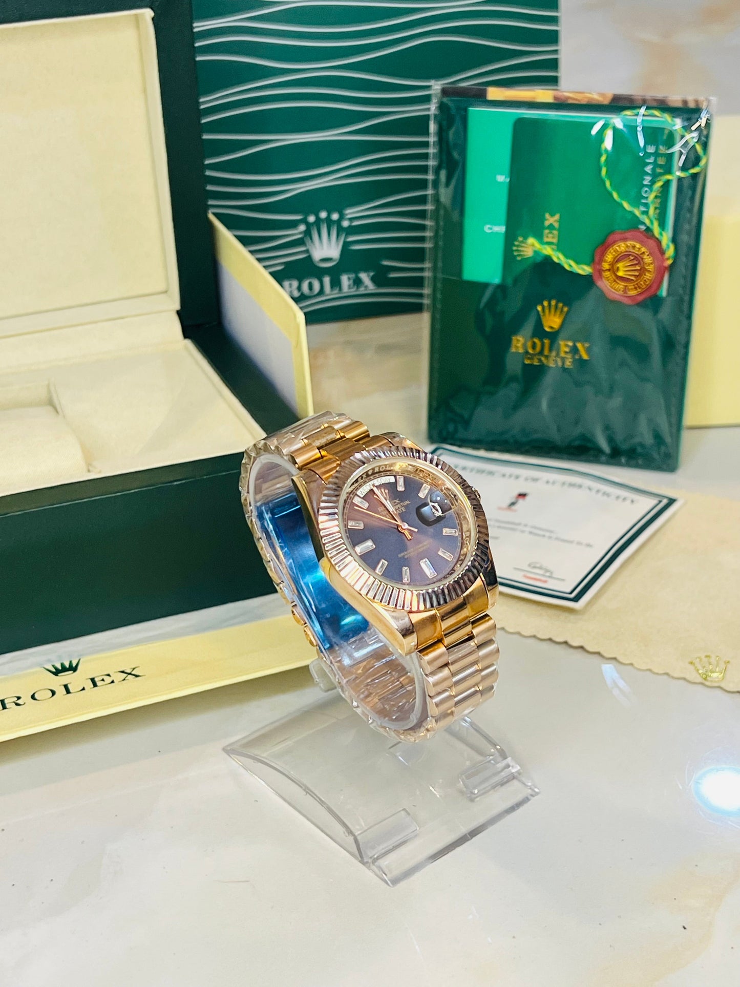 Rose Gold Chocolate Gems Automatic Day Date Super Clone Watch