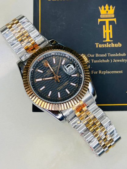 Jubilee Date Just Silver Rose Fluted Bezel Black Dial Automatic Watch