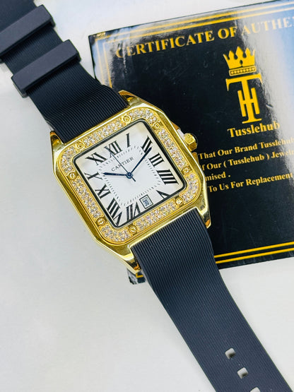 Gold White Iced Tank Silicon Cartier Watch