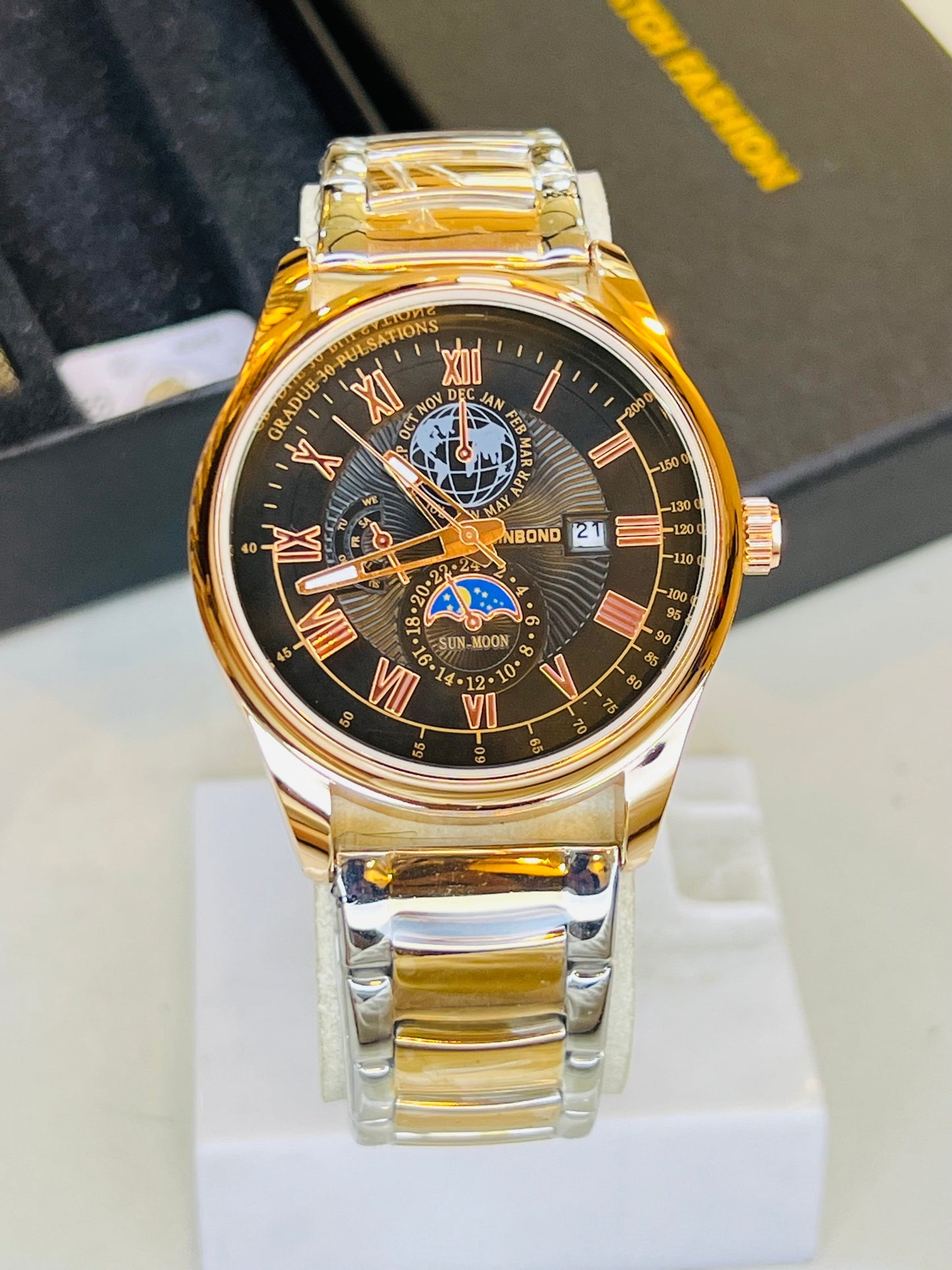 Two Tone Black Dial Binbond Watch