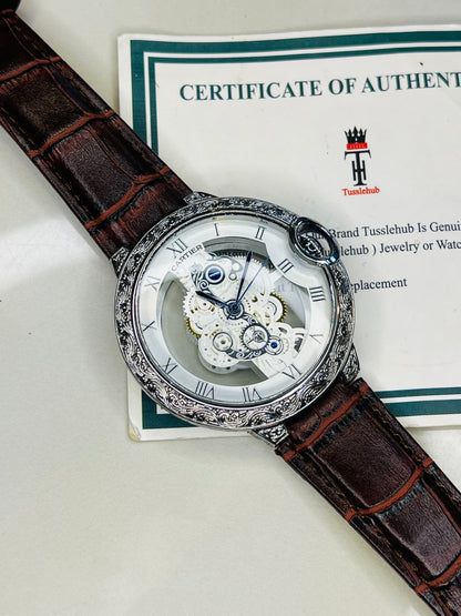 Brown Silver Engraved Skeleton Dial Watch